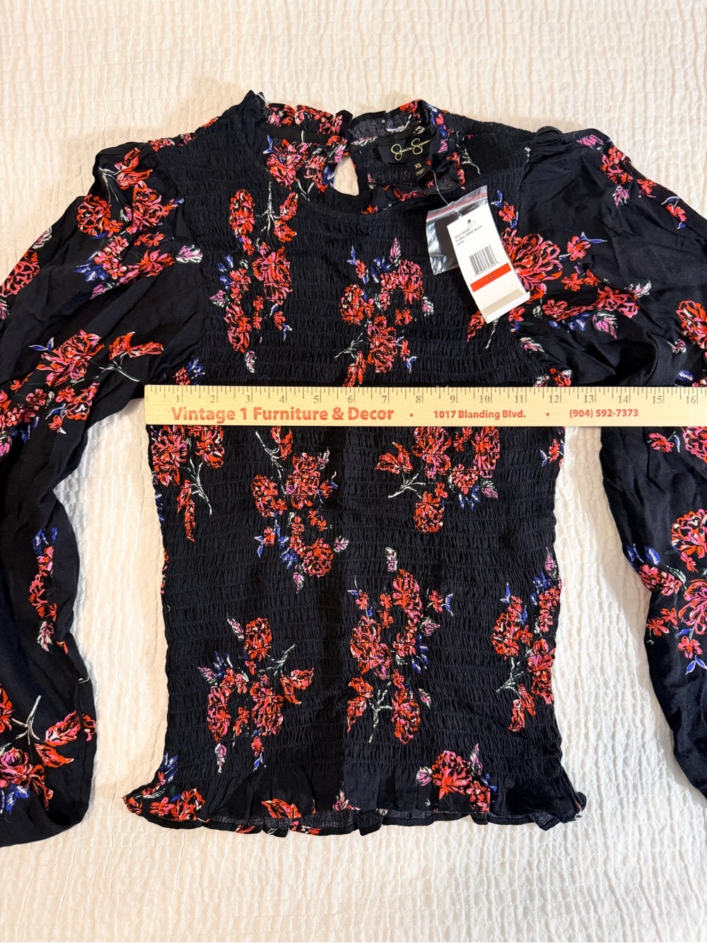 Jessica Simpson Black Floral Smocked Long-Sleeve Blouse - Picture 8 of 8